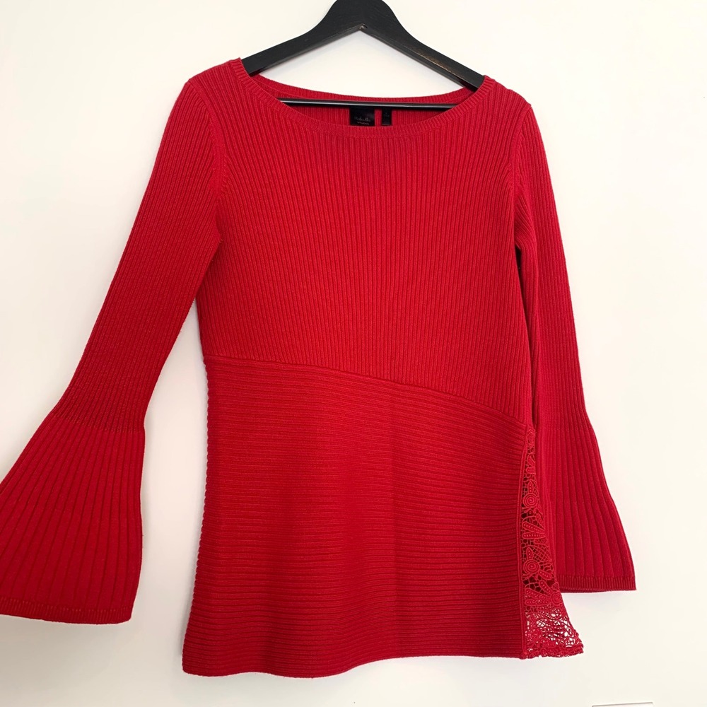 Y2K Rafaella Red Ribbed Knit Lace Side Detail Boat Neck Sweater Top Women's S‎